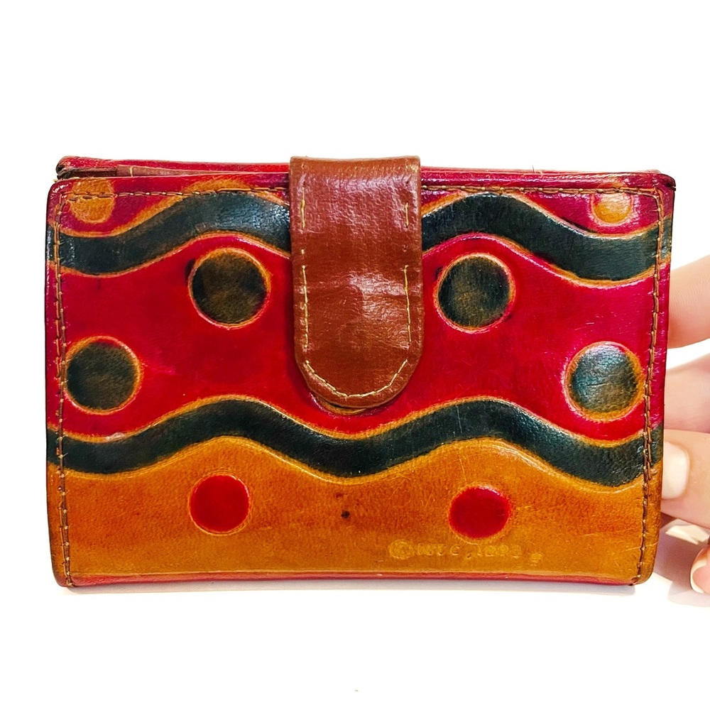Vintage 1993 MTC India Hand Painted Leather Wallet Multicolour Coin Purse Red